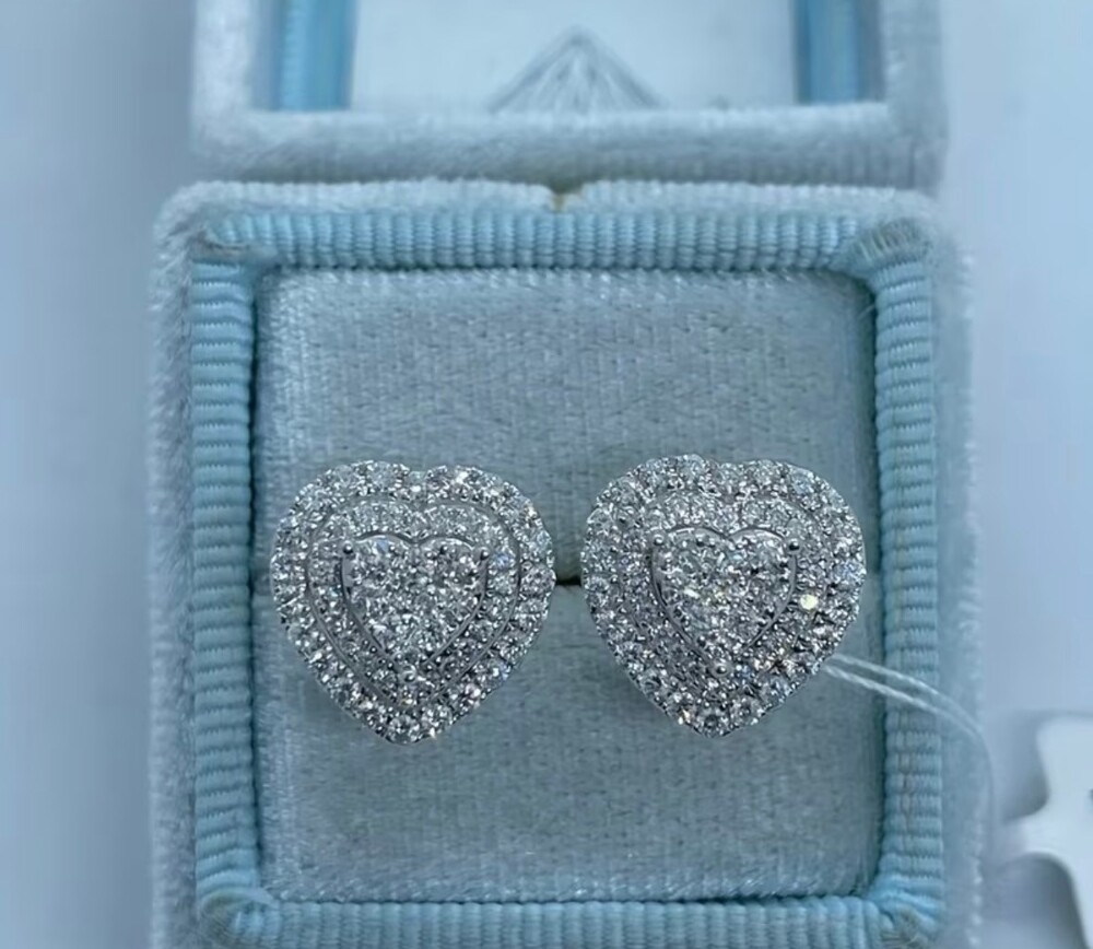 Pave’ Heart Stud Earrings Silver Tone Rhinestones Sparkle New